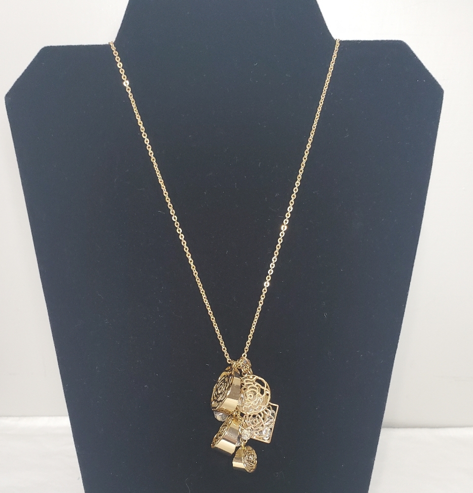 C1946 Long Gold Tone Cluster Charm Necklace